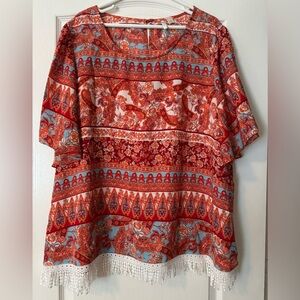 NWOT Cato Est. 1946 Boho Blouse with Lace Trim Hem